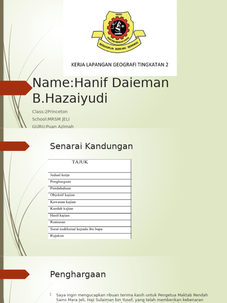 Name:Hanif Daieman B.Hazaiyudi: Class:2Princeton School:MRSM JELI GURU ...