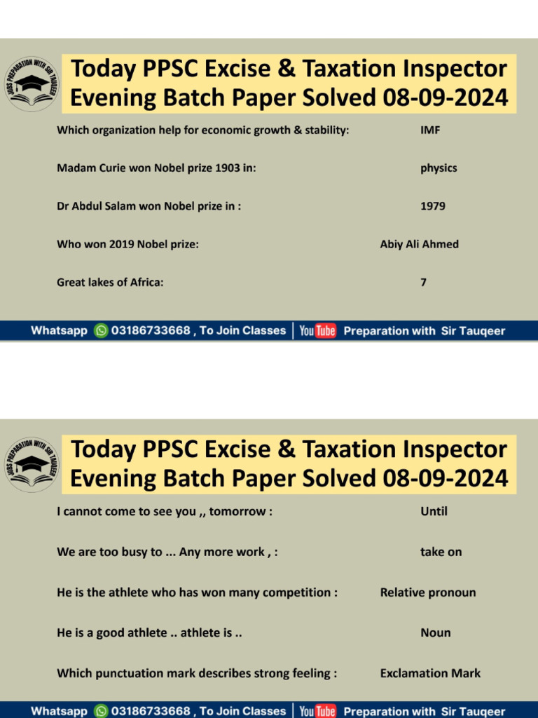 PPSC Excise Inspector Paper 2nd Time Evening 08-09-2024 | PDF