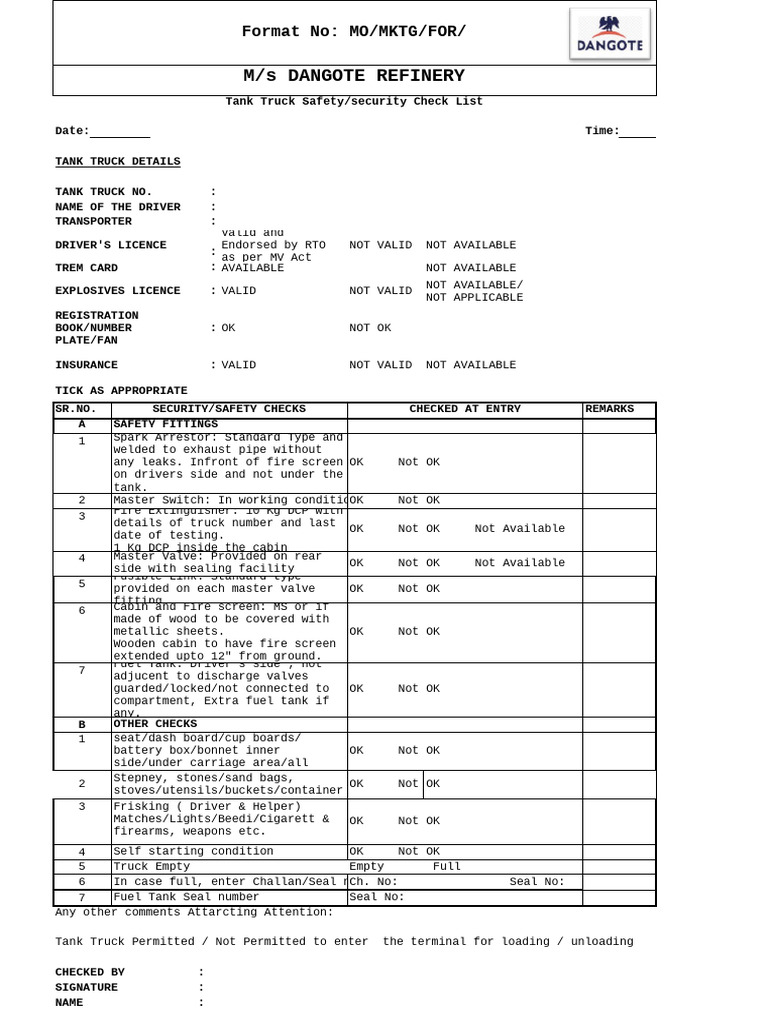 Truck Safety Check List and Seal Inventory Record | PDF