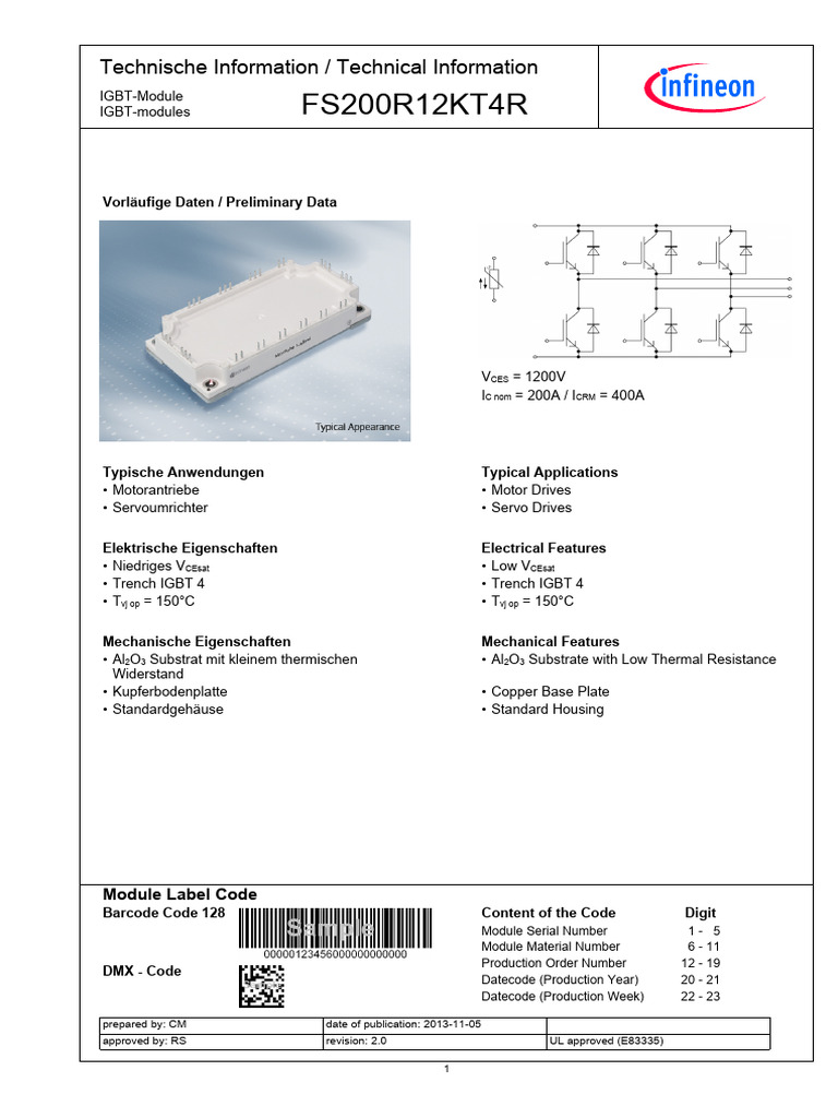 Module FS200R12KT4R – Neuf, Livraison En 1 Jour En France – Pour Applications électroniques/industrielles