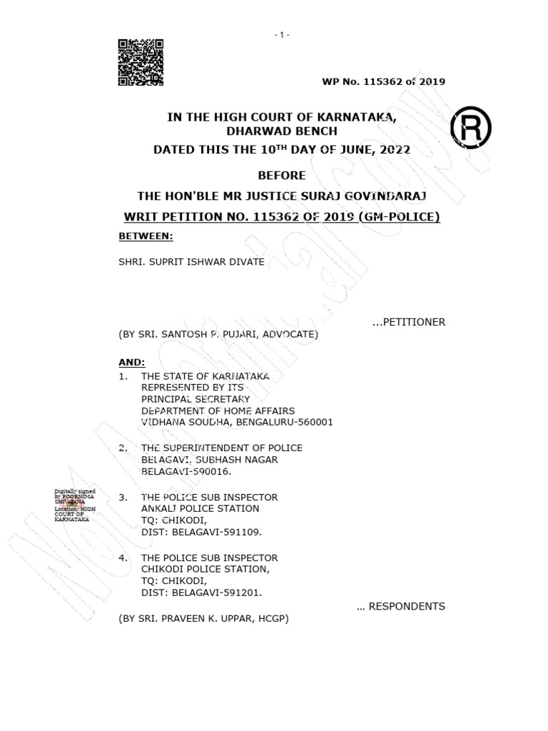 Karnataka HC Handcuff 423791 | PDF