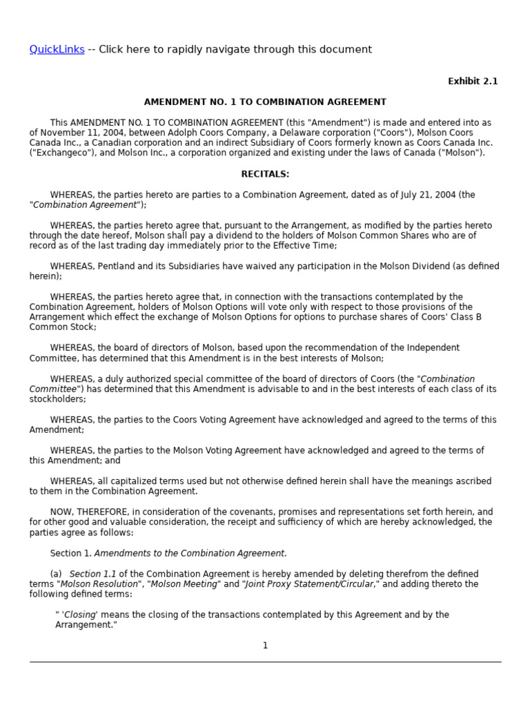 Law Insider Coors Adolph Co Amendment No 1 To Combination Agreement ...