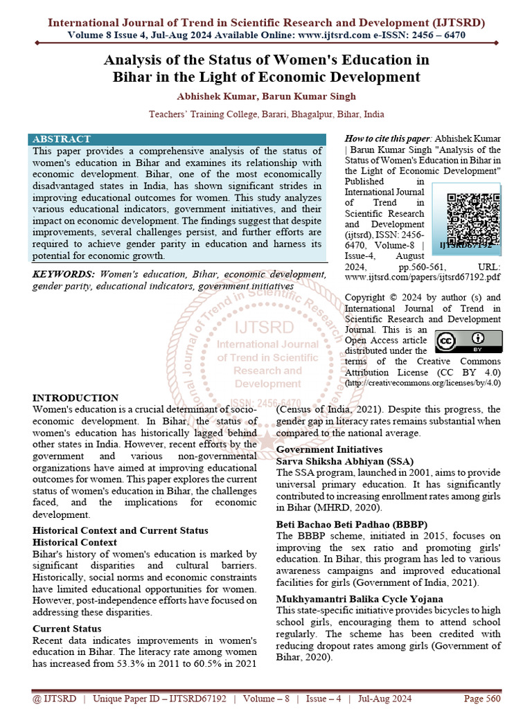 Analysis of The Status of Womens Education in Bihar in The Light of ...