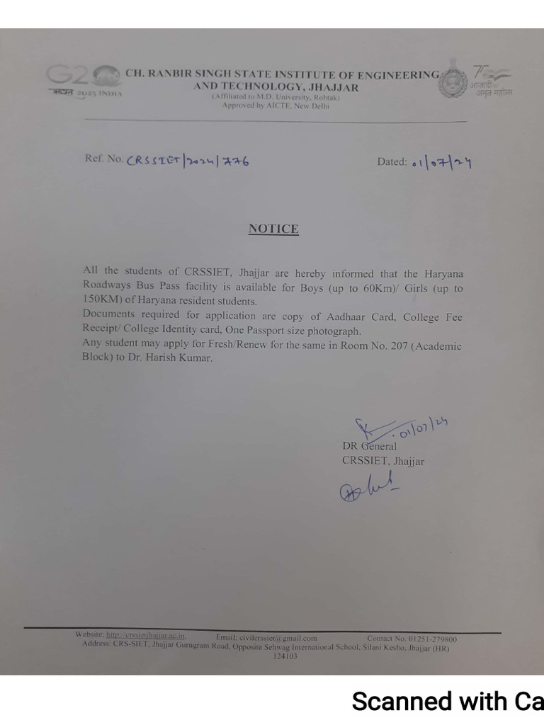 CRSSIET Bus Pass Notice | PDF