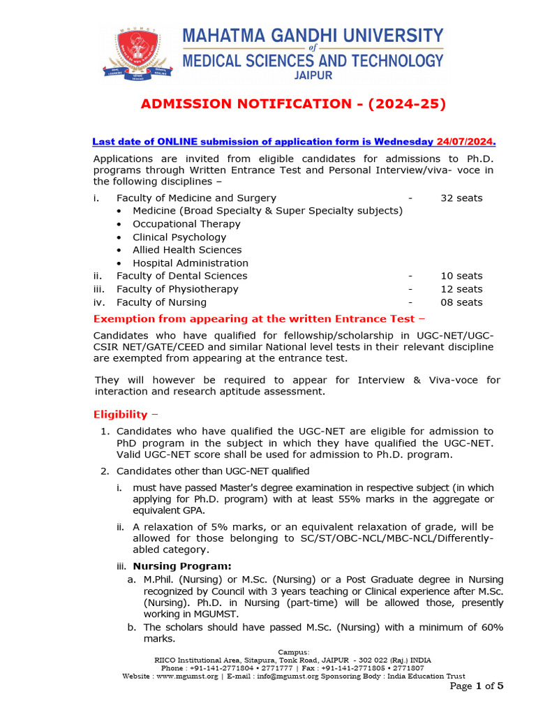 MGUMST PhD Admission Notification 2024-25 | PDF | Doctor Of Philosophy ...