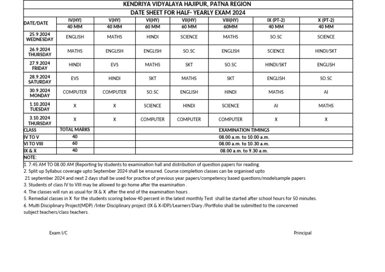 Date Sheet of Half Yearly Exam 2024 | PDF