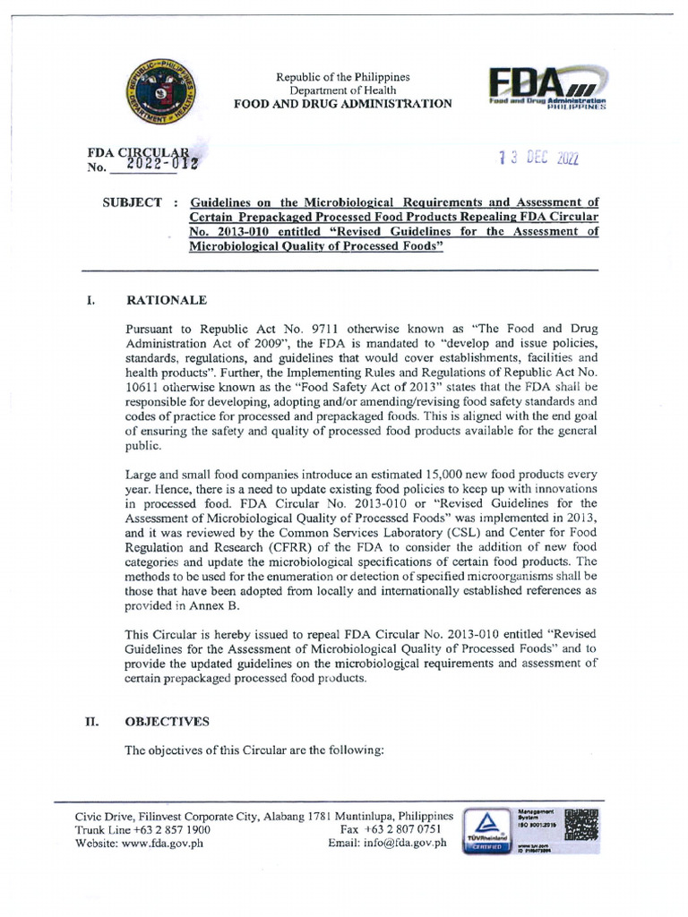 FDA-Circular-No.2022-12-1 (Micro Quality of Processed Foods | PDF