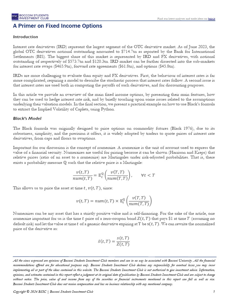 A Primer On Fixed Income Options - VPDF | PDF