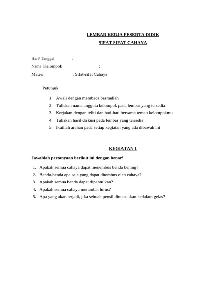 LKPD Kelas 5 Sifat Cahaya | PDF