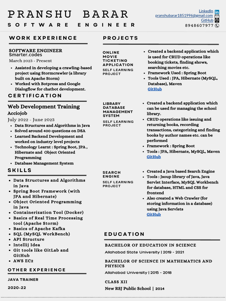 Pranshu Barar: Projects Work Experience | PDF