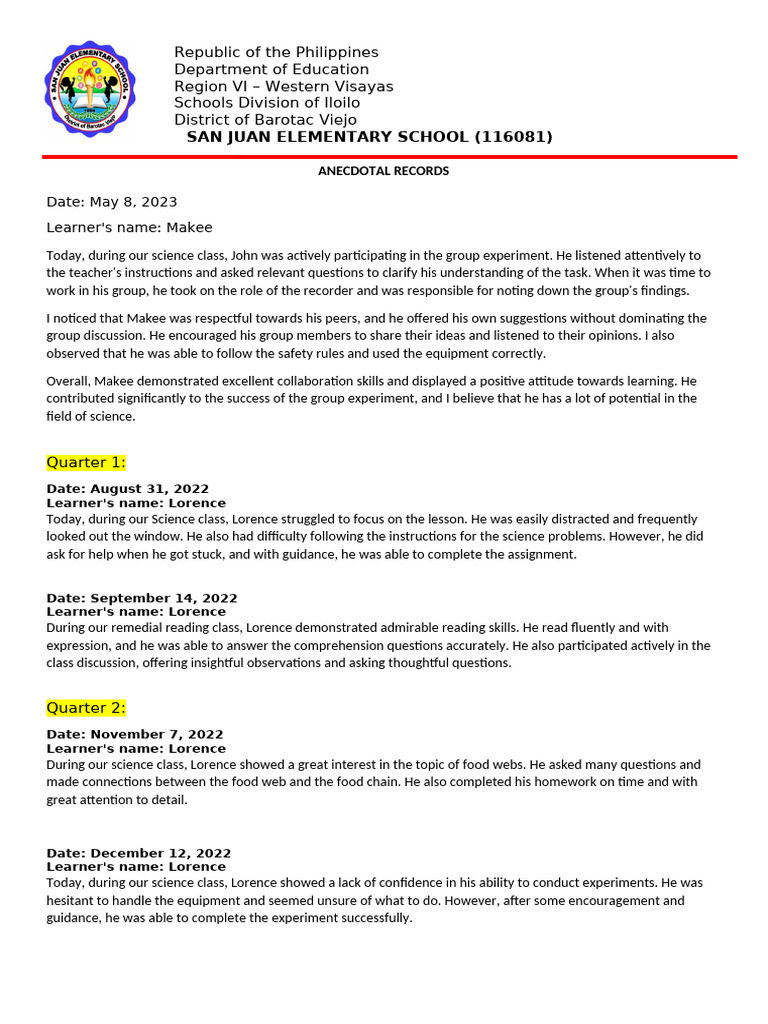 12_ ANECDOTAL RECORD(entries per quarter) | PDF