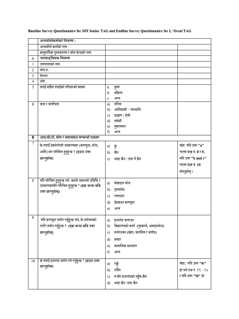 Nep - Baseline Survey Questionnaire For SFF Senior TAG and Endline ...
