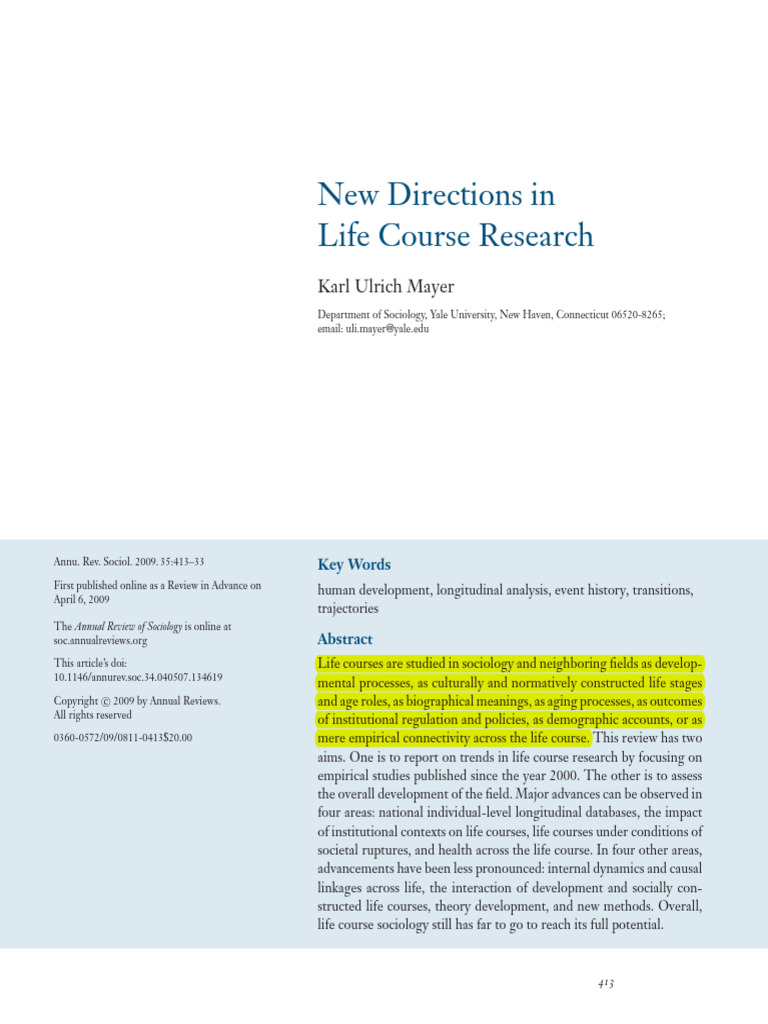 Mayer, Karl U. 2009. New Directions in Life Course Research. Annual ...