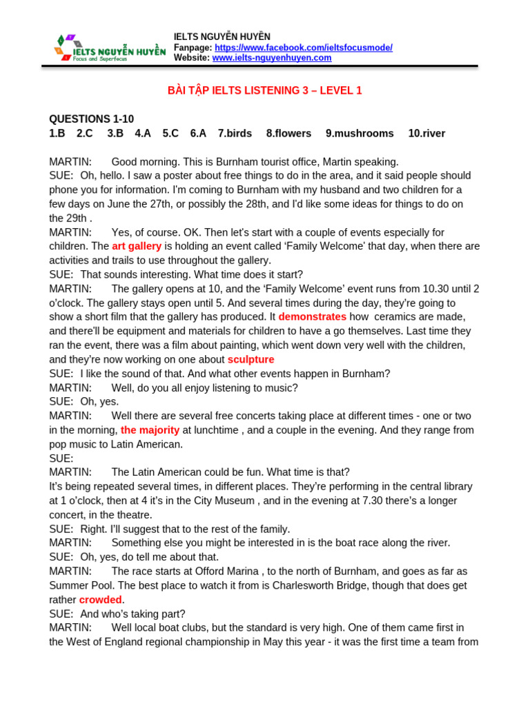 Transcript - Bai Tap IELTS Listening 3 - Level 1 | PDF