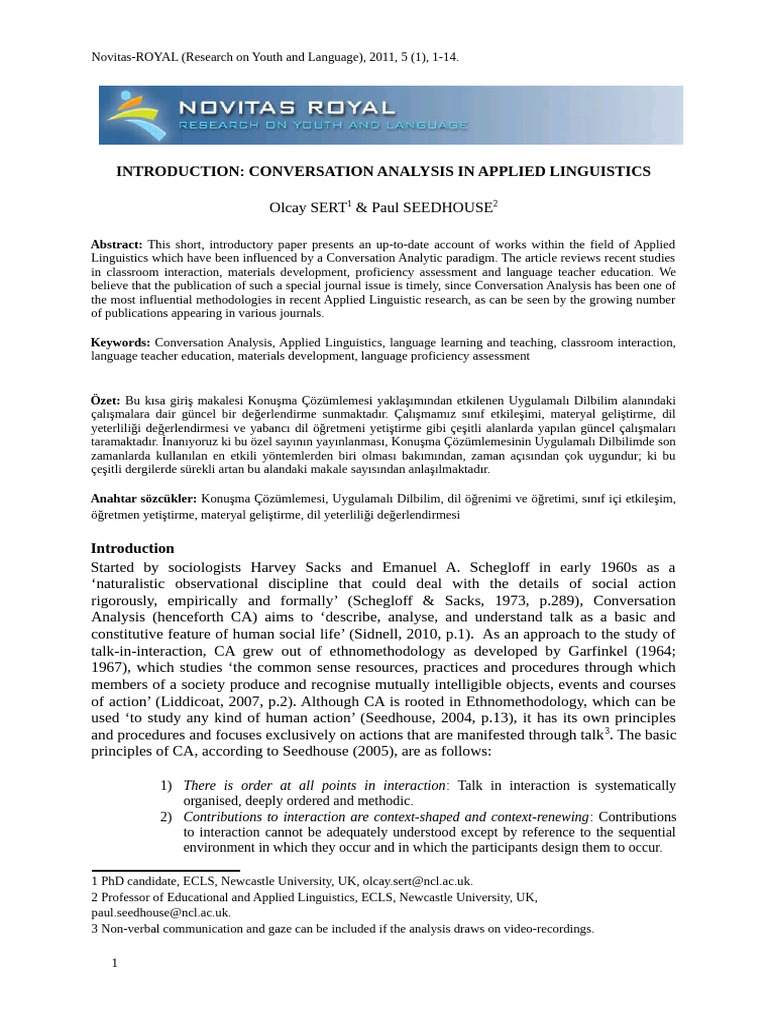 Conversation Analysis in Applied Linguistics | PDF | Second Language ...
