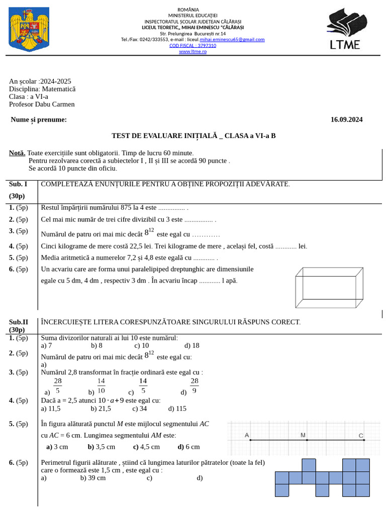 Test Initial cls.6 2024 | PDF