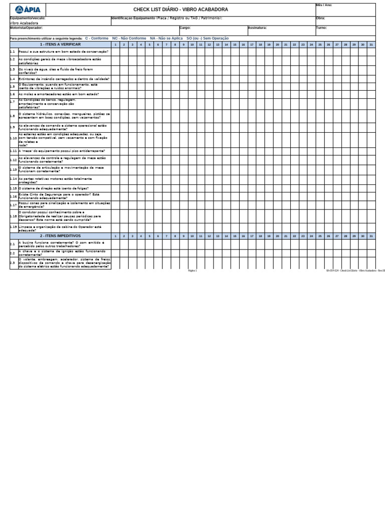 RA 059 024 Check List Diario Vibro Acabadora Rev 00944 | PDF