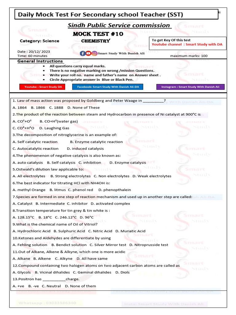 Mock Test 10 Chemistry SST Science Category | PDF