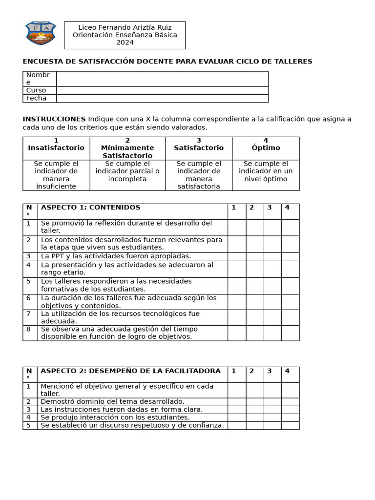 Pauta de Evaluación Docente para Evaluar Ciclo de Talleres | PDF