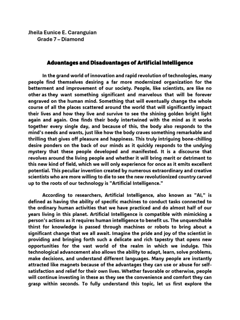 Advantages and Disadvantages of Artificial Intelligence Jheila Eunice E ...