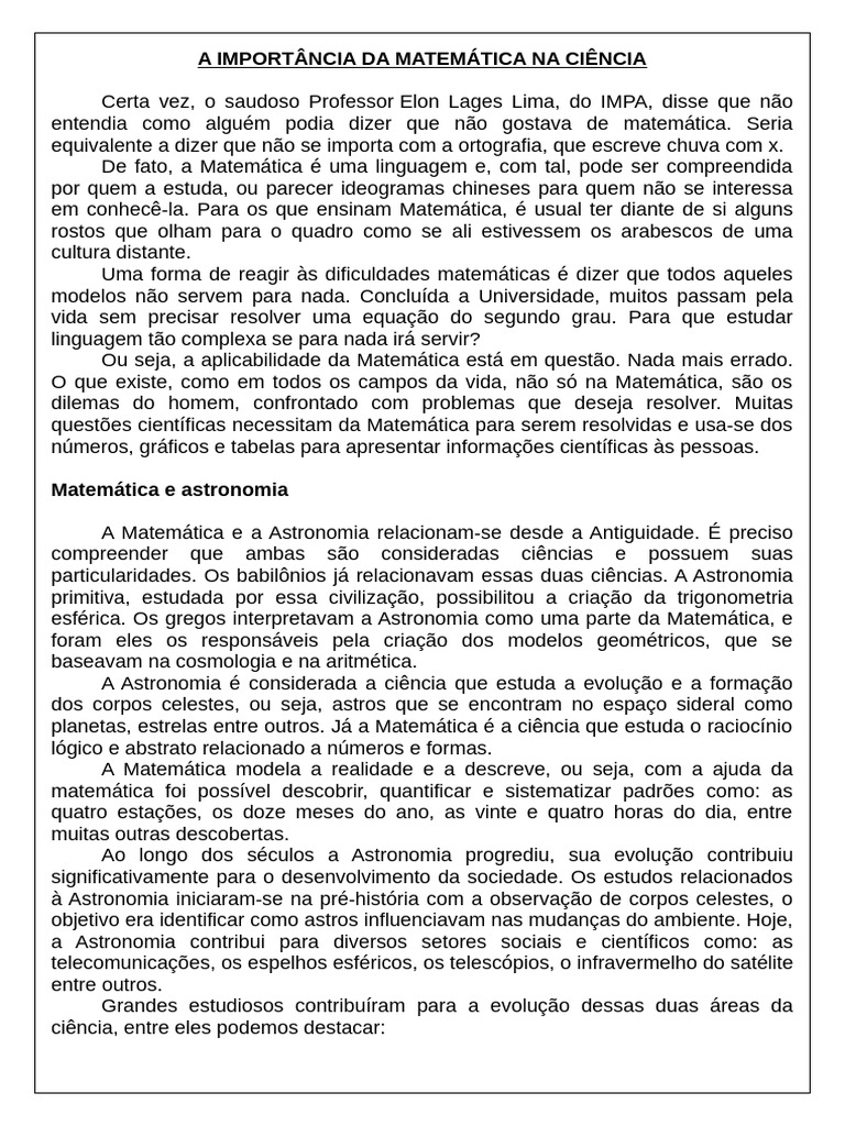 A Importância Da Matemática Na Ciência - Texto e Atividades | PDF