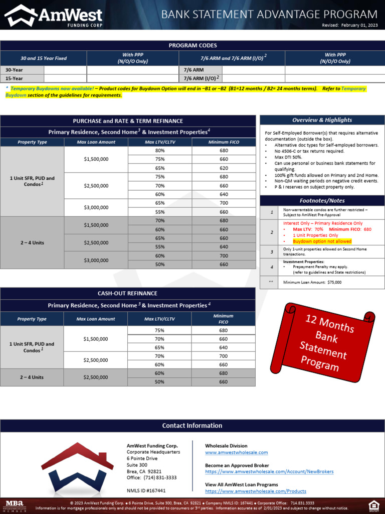 AmWest Bank Statement Advantage Program | PDF | Debt | Refinancing