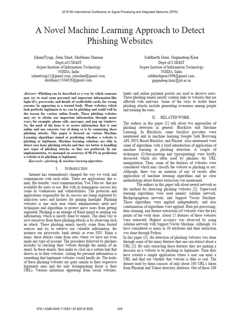 A Novel Machine Learning Approach To Detect Phishing Websites | PDF