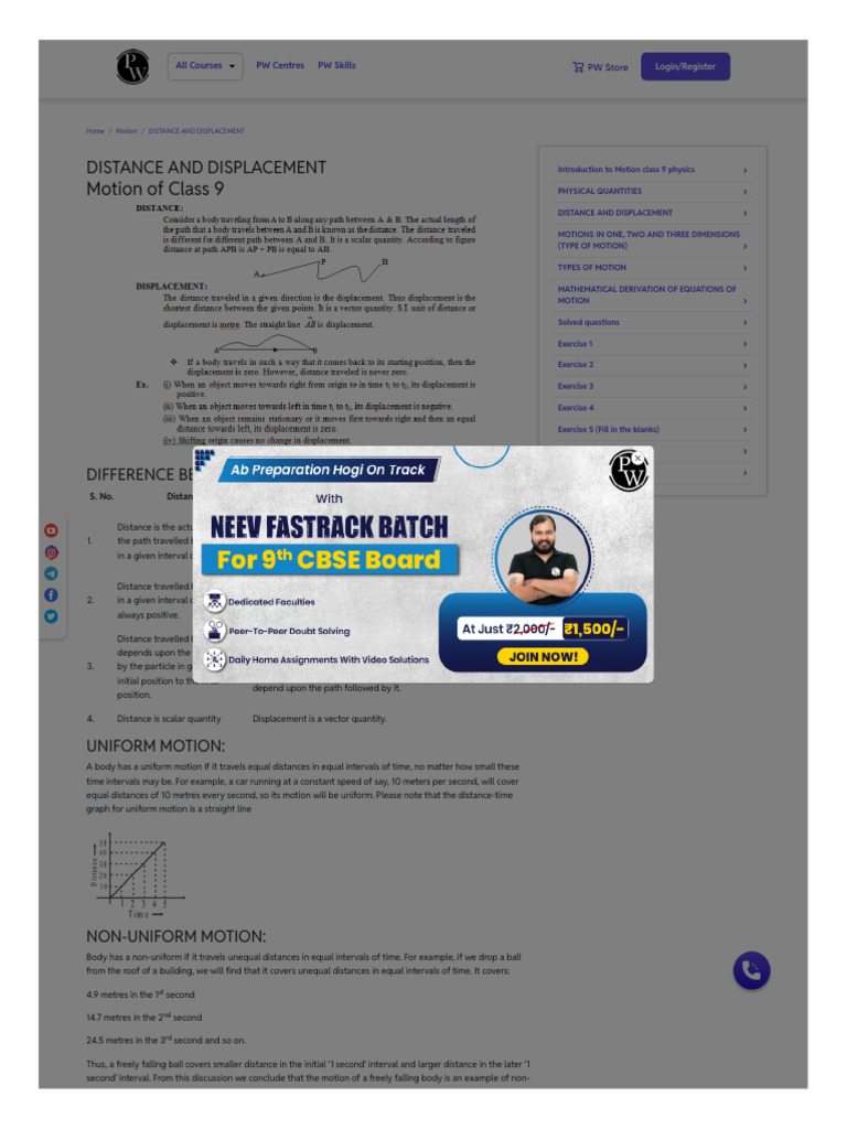 WWW PW Live Chapter Motion Class 9 Distance and Displacement | PDF ...