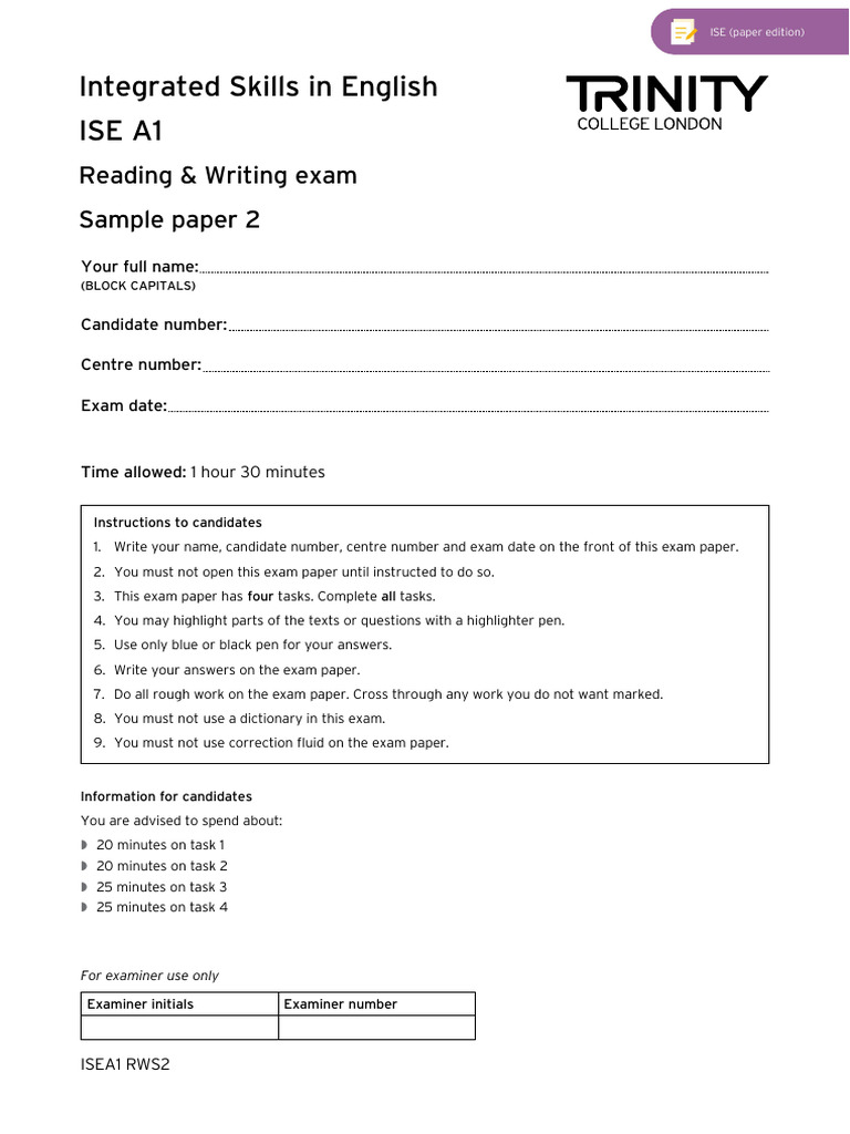 Sample ISE A1 - Reading & Writing Paper 2 (With Answers) | PDF