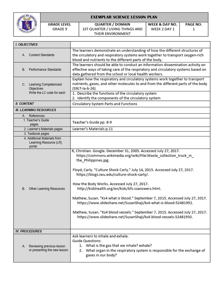 Grade Level Quarter / Domain Week & Day No. Page No.: Exemplar Science ...
