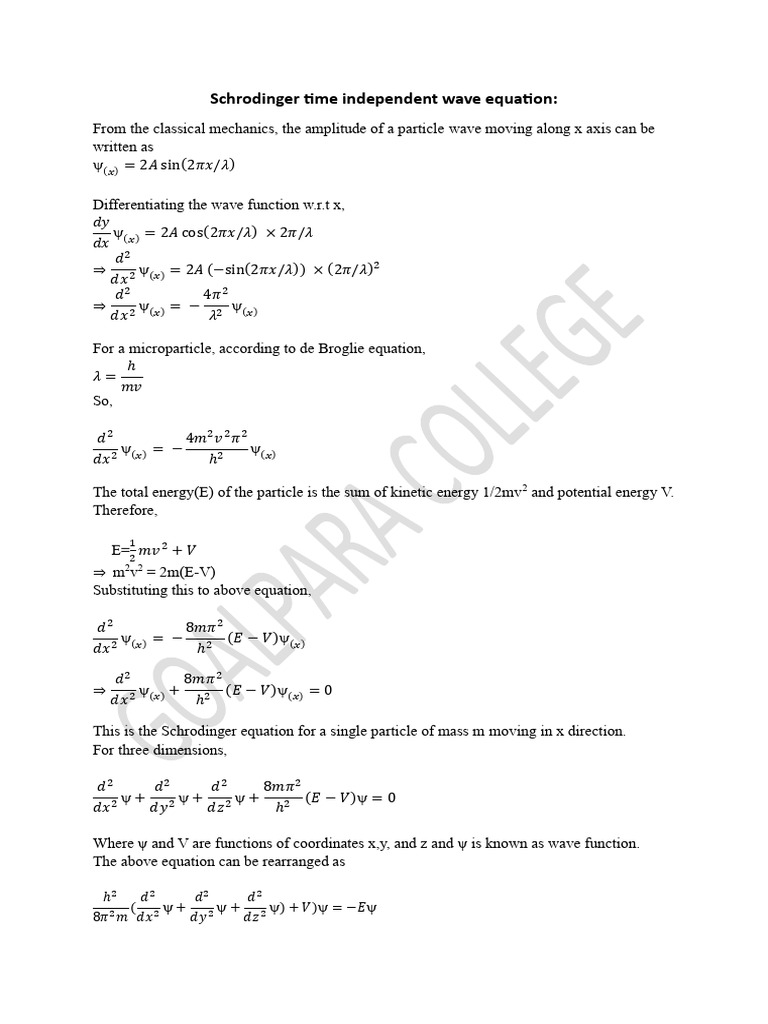 Schrodinger Time Independent Wave Equation | PDF