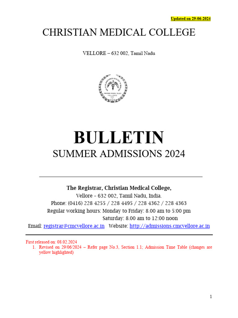 CMC Vellore Summer Admission Bulletin 2024 June 29 2024 | PDF