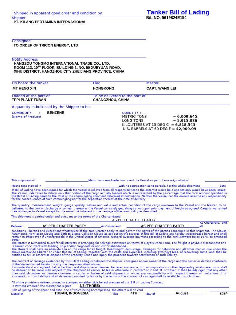 Tanker Bill of Lading: Shipped in Apparent Good Order and Condition by ...