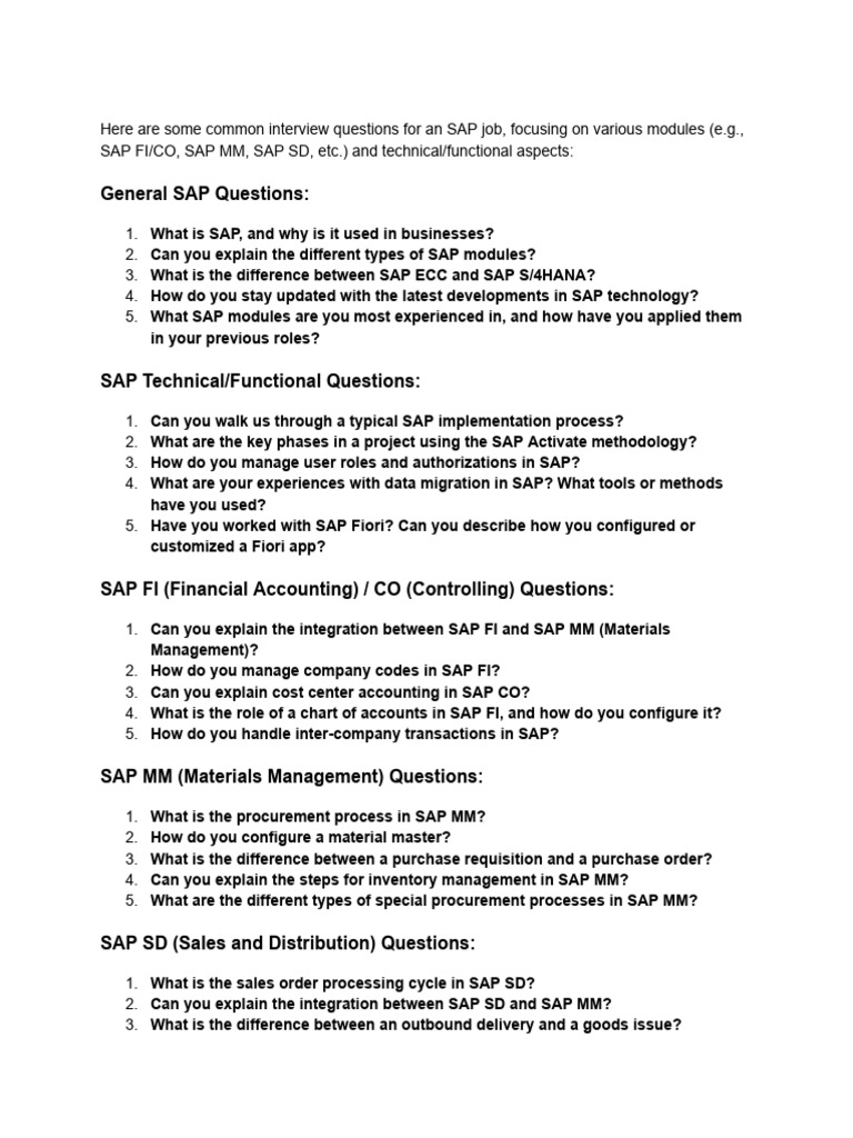 Here Are Some Common Interview Questions For An SAP Job, Focusing On ...