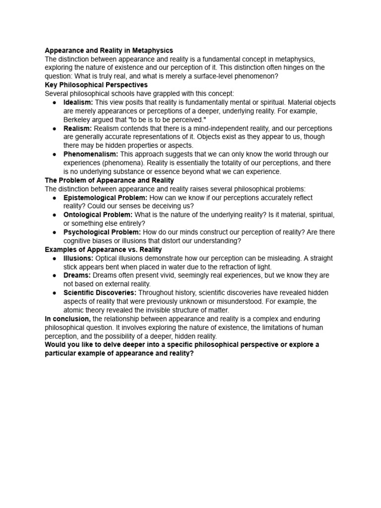 Appearance vs. Reality in Metaphysics | PDF | Reality | Metaphysics
