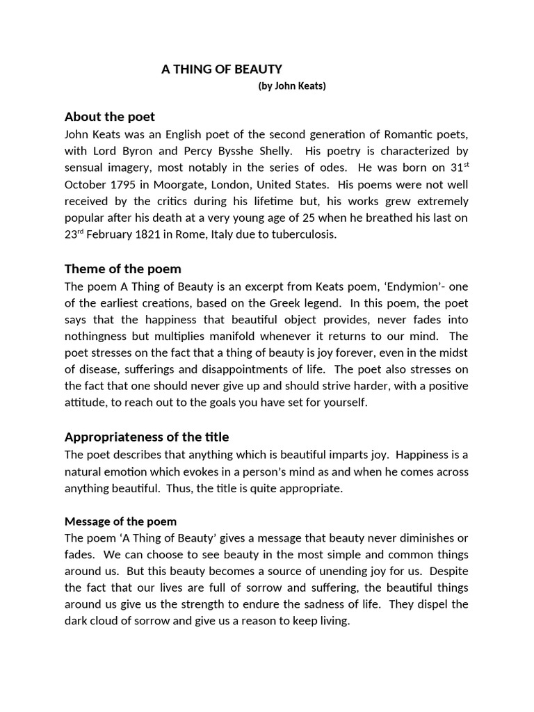 A Thing of Beauty Notes and Assignments | PDF