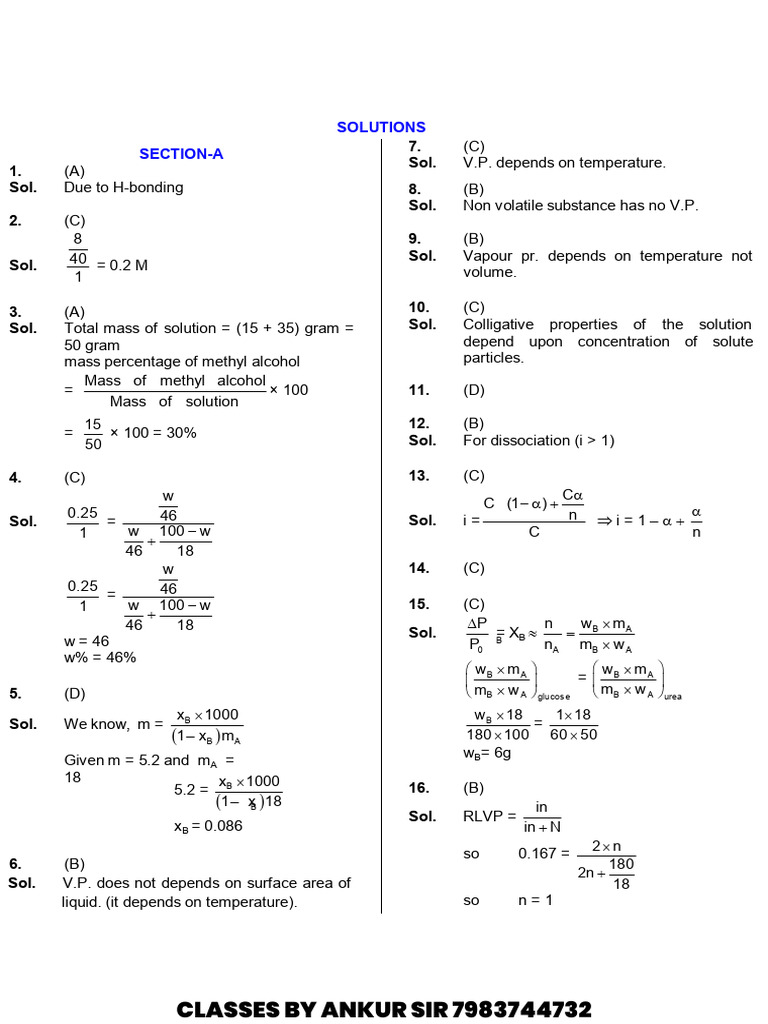Test-1 Solutions Key | PDF | Solubility | Phases Of Matter
