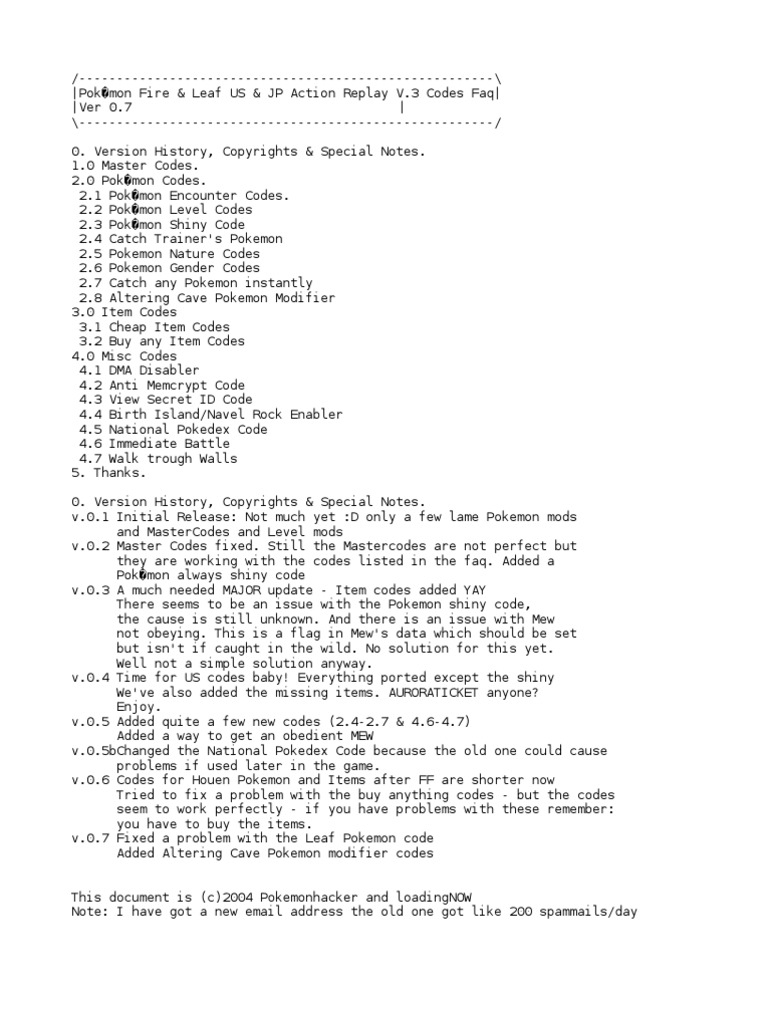 Pokemon LeafGreen/FireRed Action Replay Codes | PDF | Video Games 
