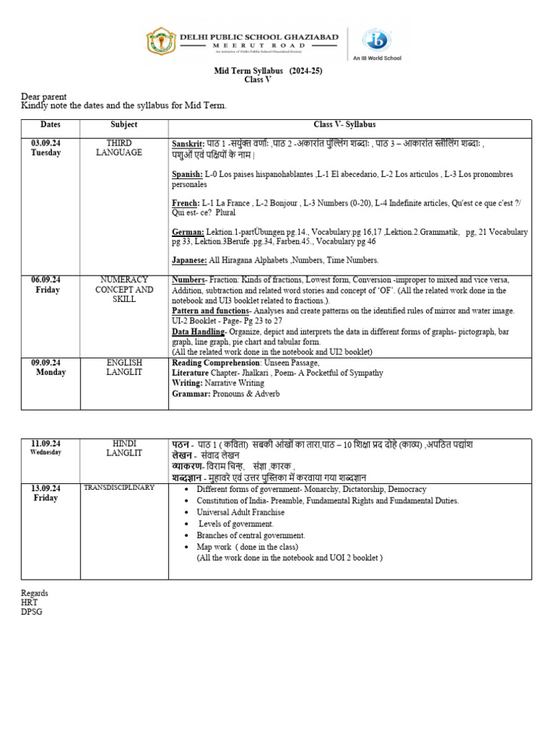 Mid Term Syllabus - Grade 5 | PDF