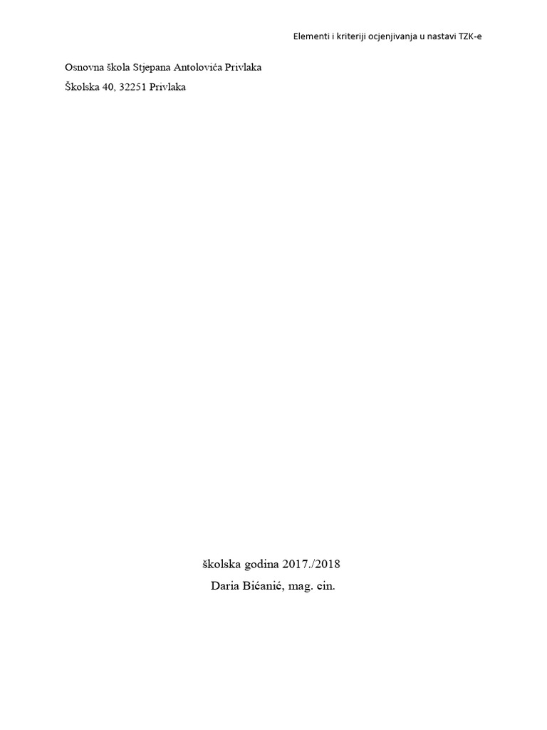 Elementi I Kriteriji Ocjenjivanja TZK 2017-2018 | PDF