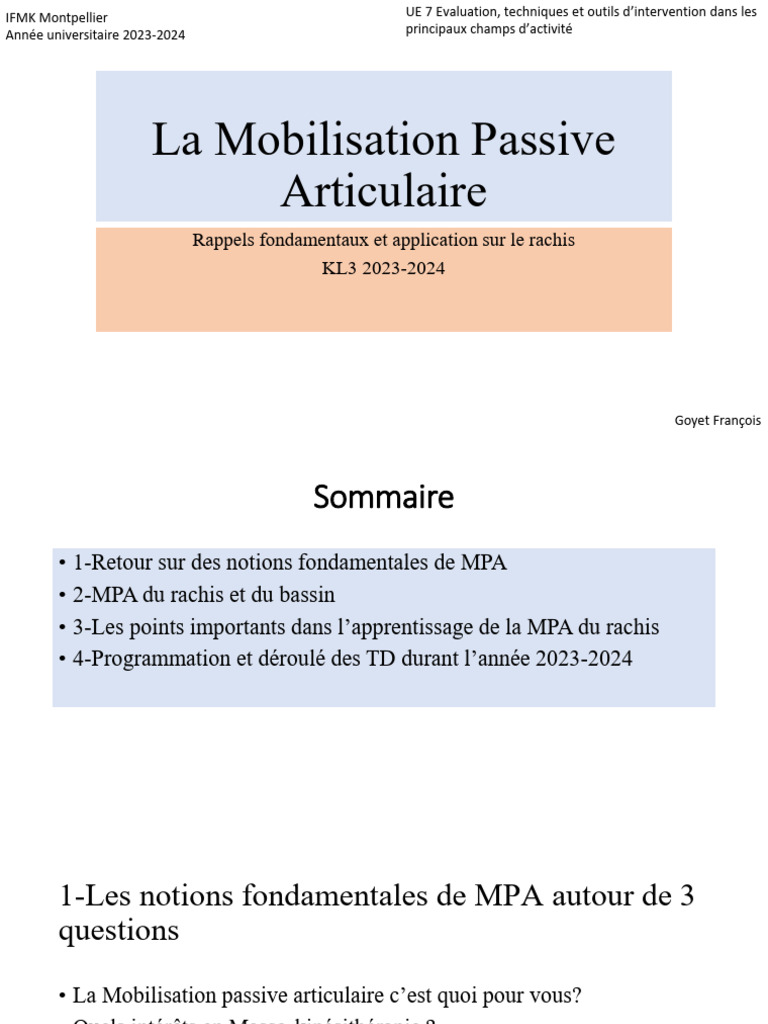 Mobilisation Passive Articulaire Introduction À La MPA | PDF