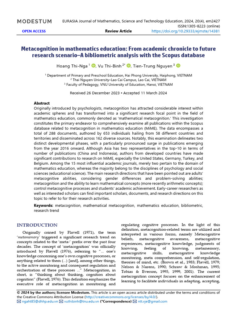 Metacognition in Mathematics Education From Academic Chronicle To ...