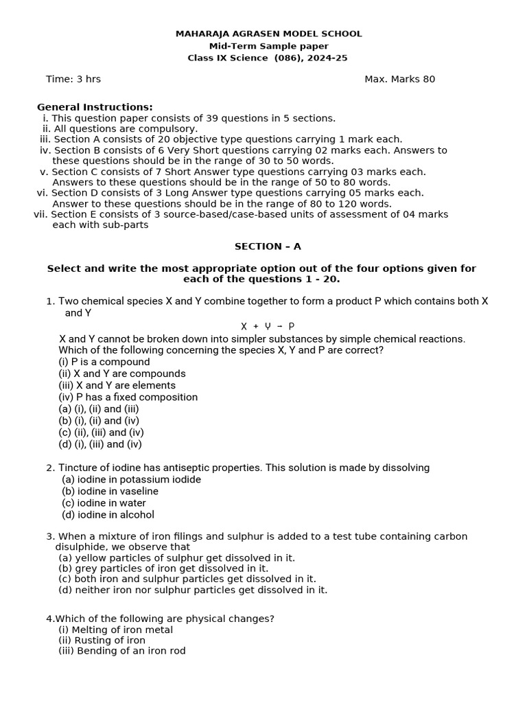 Class 9 Mid Term Science Sample Paper 2024-25 | PDF
