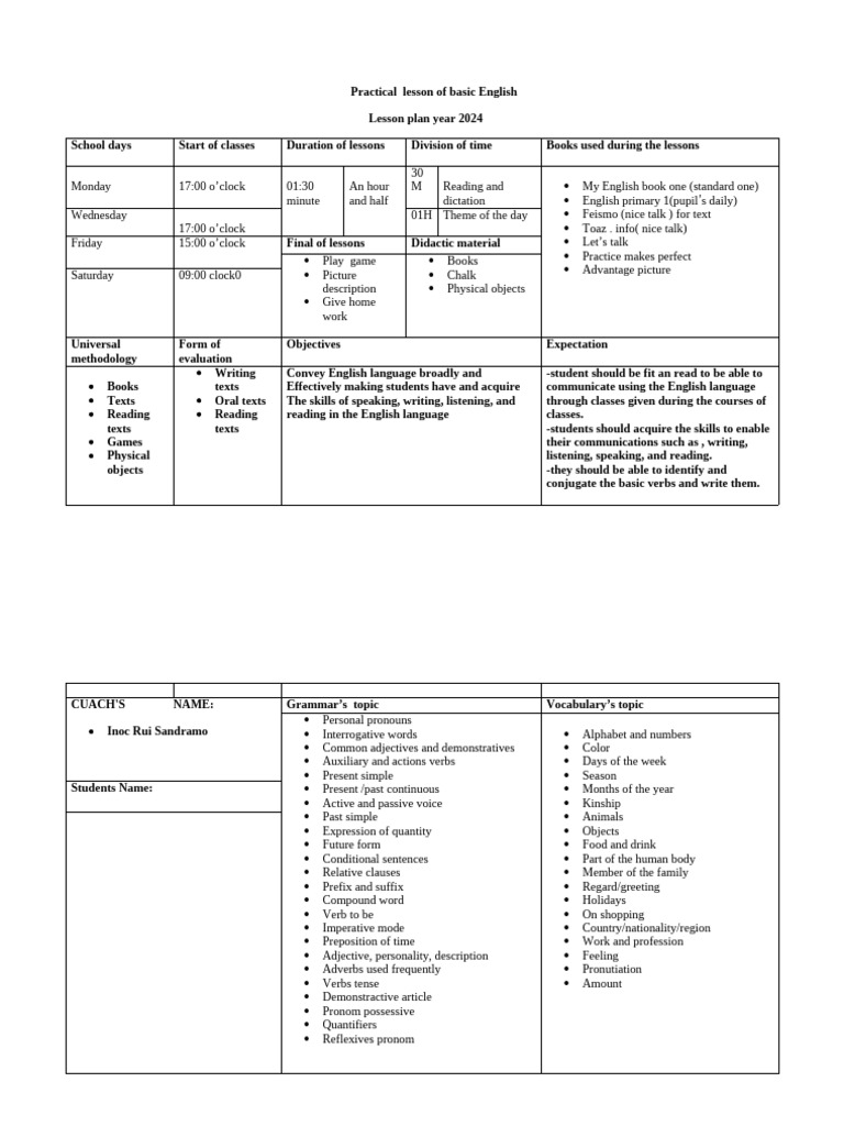 Basic English Lesson Plan 2024 | PDF | English Language | Verb