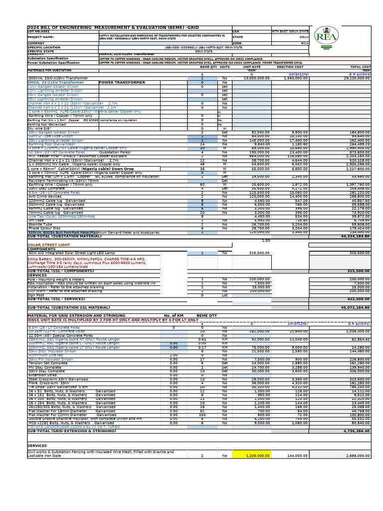 2024 Bill of Engineering Measurement & Evaluation (Beme) - Grid | PDF