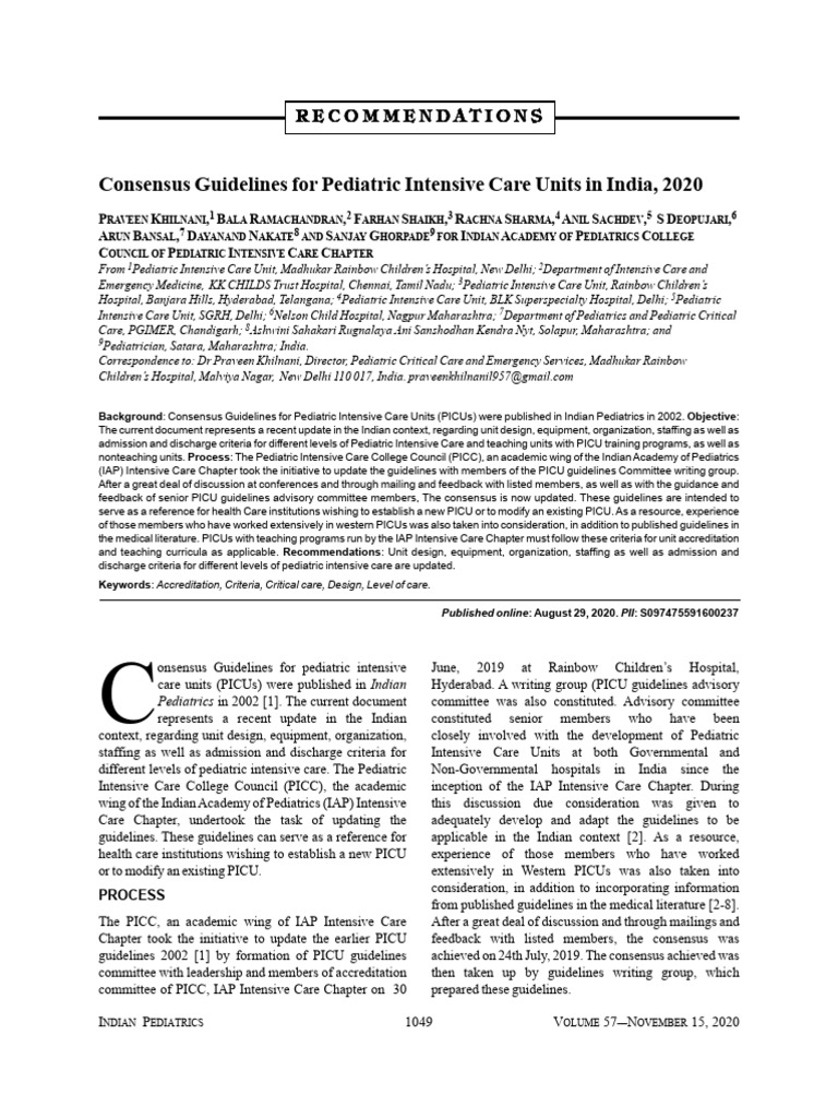 Consensus Guidelines For Pediatric Intensive Care Units in India, 2020 ...