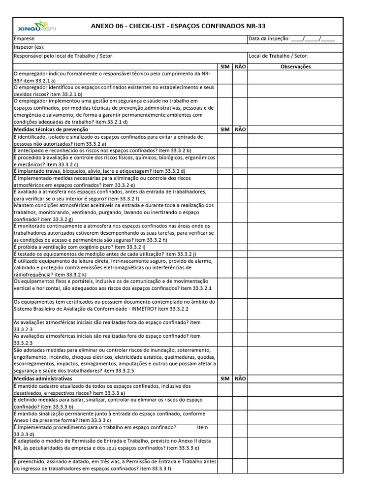 Check-List para Verificação Do Cumprimento Da NR-33 | PDF
