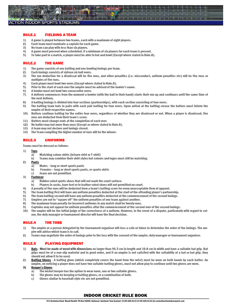 Indoor Cricket Laws of The Game | PDF