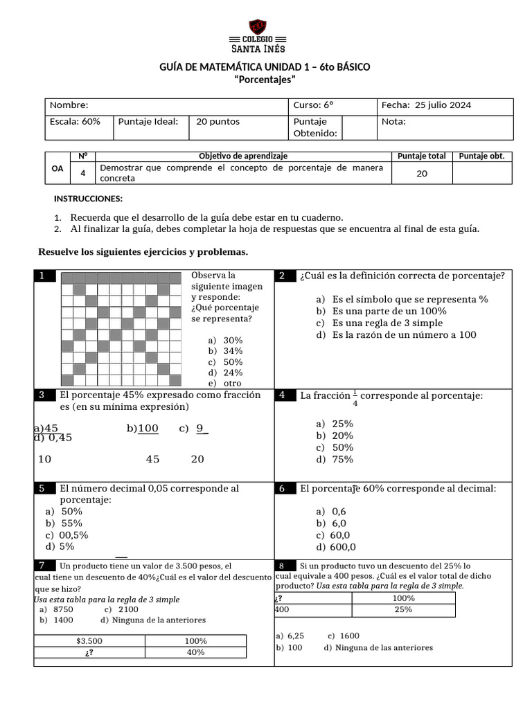 Test Matematica 6to 23-07 | PDF