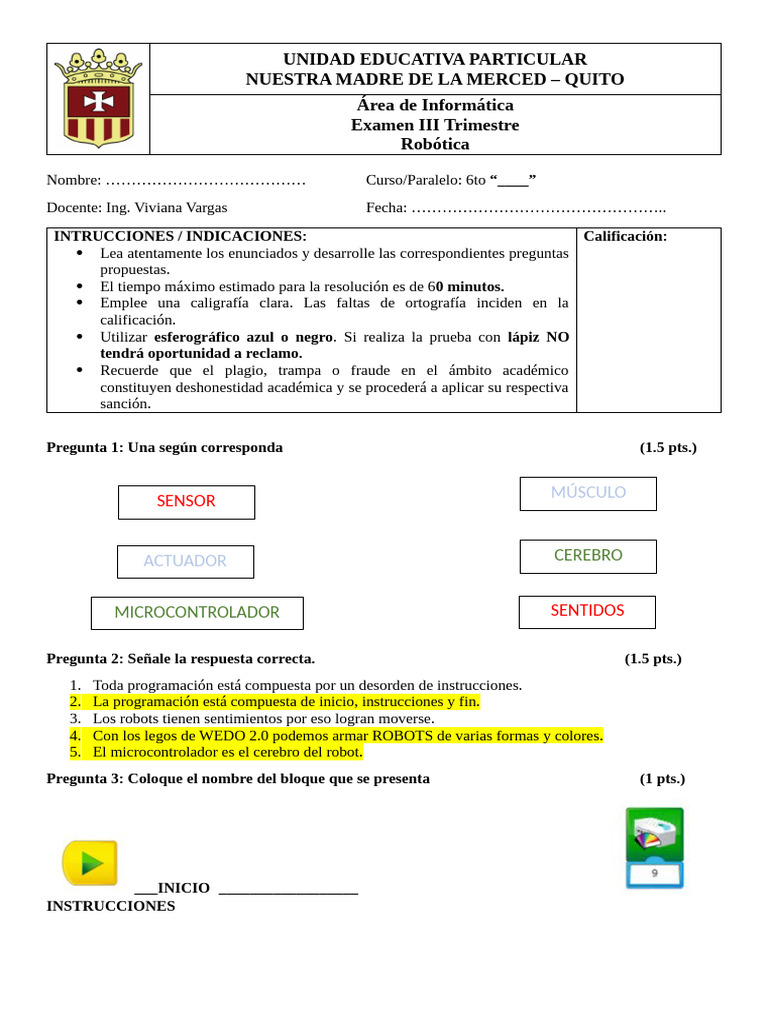 Examen de Robótica 6to Grado Quito | PDF | Games & Activities | Computers